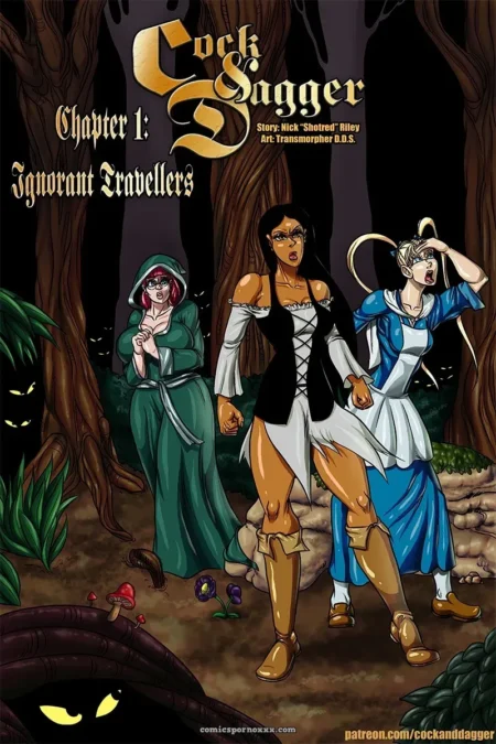 Tres mujeres en bosque: corset negro y piernas abiertas, verde ajustado, azul con pecho al aire, ojos brillantes en sombras