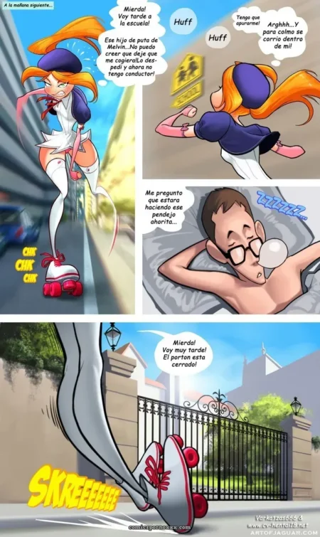 Mujer con pelo naranja en patines rojos follando en la calle con minifalda ajustada y lencería negra visible