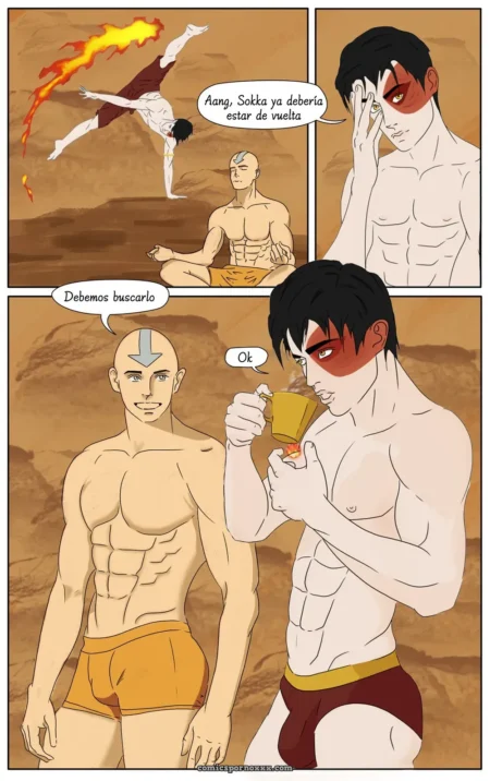Sokka y Aang sin camisa, cuerpos musculosos sudorosos, Sokka bebiendo mientras Aang mira sus calzoncillos ajustados y erectos.