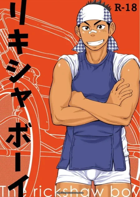 Hombre musculoso con banda, camiseta azul ajustada y shorts blancos marcando su polla dura, fondo naranja con rickshaw.