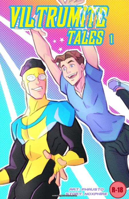 Superhéroe Viltrumita en traje amarillo y azul aprieta la polla de hombre en camisa azul sobre fondo cómic colorido