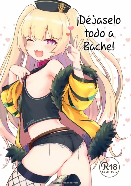 Rubia con coletas, top negro ajustado mostrando senos y culo, shorts cortos, medias de red y ¡Déjaselo todo a Bache!