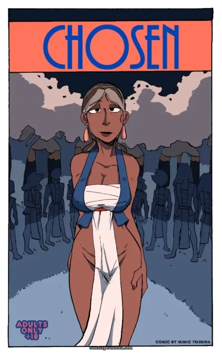 Mujer con tetas expuestas en top azul y vendaje blanco caminando ante multitud en fondo oscuro bajo el título Chosen