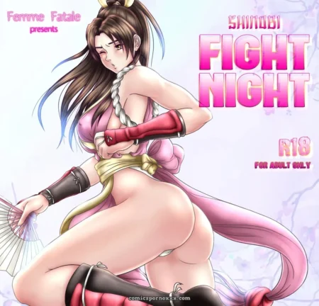 Shinobi Fight Night R18: Mujer con kimono rosa abierto, fan en mano, piernas abiertas mostrando vulva y pechos al aire en pose sexual.