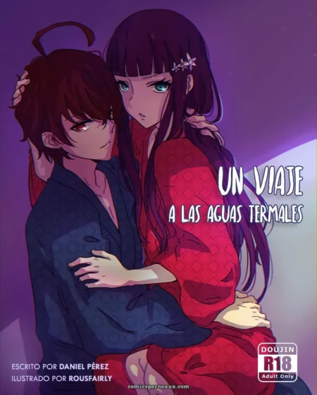 Mujer en kimono rojo abraza al hombre en yukata, manos en pecho desnudo y caderas besándose en aguas termales NSFW