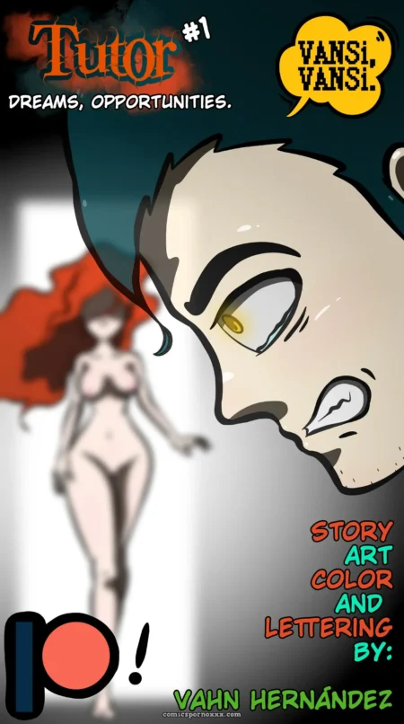 Hombre babeando con ojos amarillos mira obsesionado a mujer desnuda de pelo rojo gritando VANSI, VANSI! en cómic erótico Tutor #1.