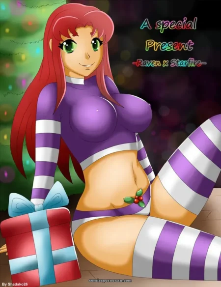 Top morado ajustado resaltando tetas, medias rayadas, regalo rojo entre piernas abiertas y adorno de acebo en ombligo.