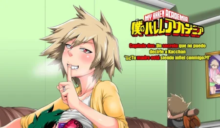 Rubia de Boku No Harem Academia #2 con senos al aire y dedo en labios susurra a Kacchan: tu madre es infiel.