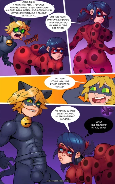 Ladybug en traje ajustado rojo y negro con lunares, culo y tetas grandes, follando a Cat Noir en pose sexual explícita