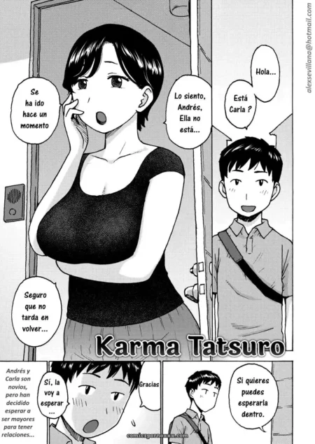 Mujer con blusa negra ajustada y senos grandes turgentes habla por teléfono mientras un chico espera en la puerta