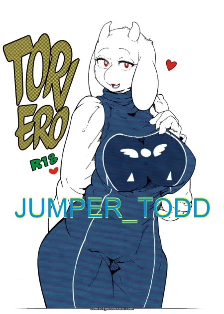 Toriel con ojos rojos y cuernos vestido azul ajustado con calabaza pechos prominentes y mano en su vagina