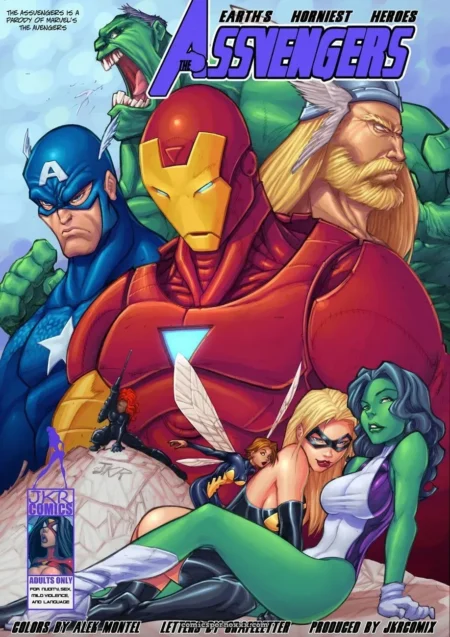 Rubia con máscara abre piernas mostrando vulva mientras She-Hulk verde chupa clítoris en portada Assvengers