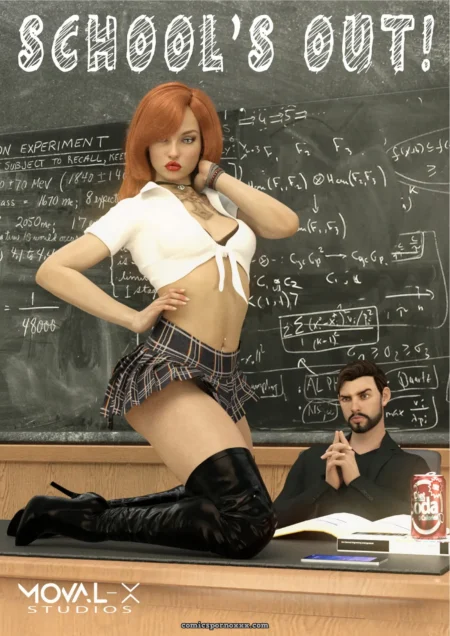 Profesora con top blanco, minifalda escocesa y botas altas arrodillada en escritorio mientras maestro excitado la mira