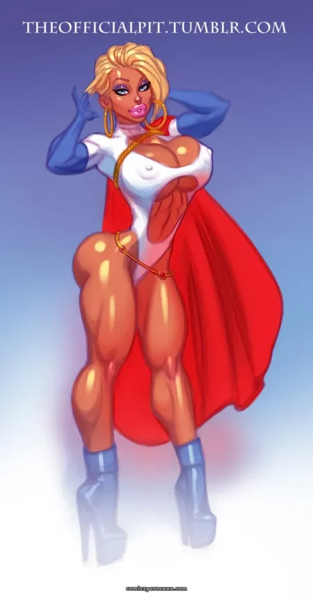 Power Girl con senos hinchados, muslos musculosos y capa roja, posando provocativa con pezones erectos y boca abierta.