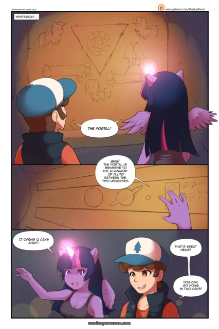 Twilight Sparkle con tetas prominentes activa portal brillante mientras hombre mira su cuerpo curvilíneo con lujuria.