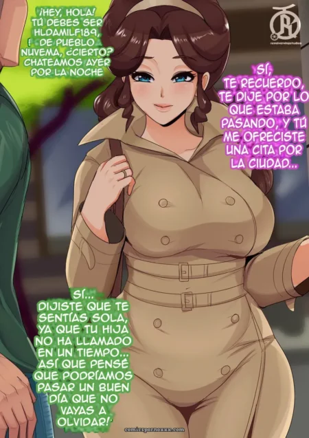 Mujer con trench ajustado mostrando tetas enormes y curvas sensuales recuerda cita en Castelia City Tour #2 Revolverwing