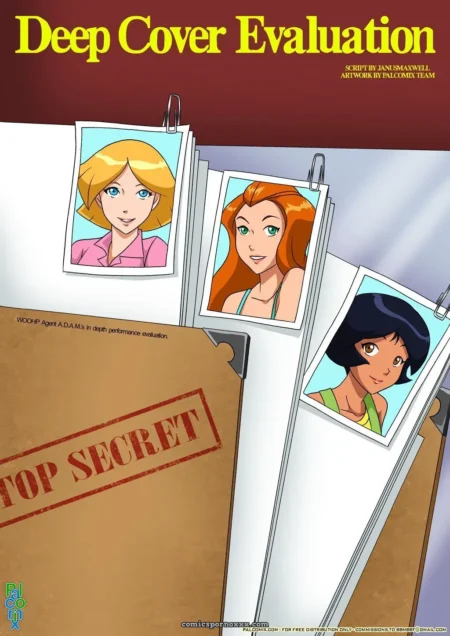 Tres mujeres con pechos turgentes, cabello rubio, pelirrojo y negro en carpetas TOP SECRET evaluación sexual explícita