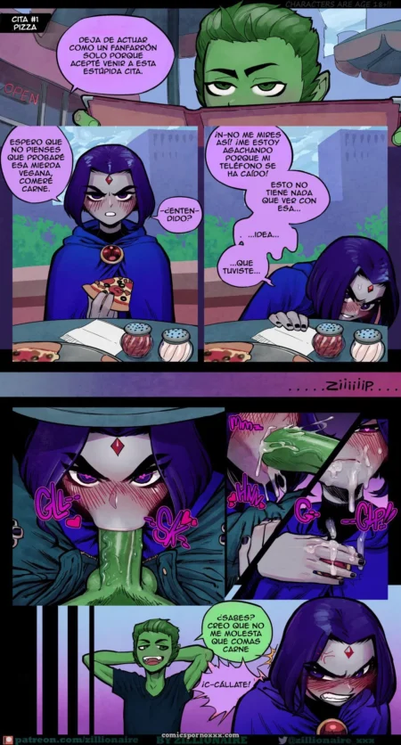 Raven de cabello morado chupa la polla verde de Chico Bestia en mesa con pizza, tragando su esperma
