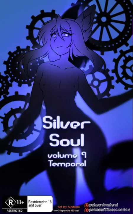 Portada Silver Soul vol.9: Zorra antropomórfica con orejas de zorro, pechos expuestos y cola, rodeada de engranajes azules en iluminación sensual y oscura.