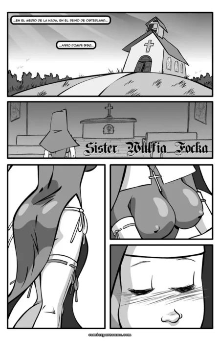 Sister Wulfia Focka con senos desnudos, cruz en pecho y trasero atado por cordones en cómic NSFW explícito