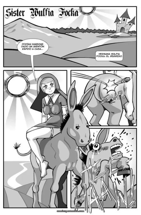 Hermana Wulfia Focka a lomos de un burro, penetrada por el pene erecto del animal sangrando en paisaje con castillo