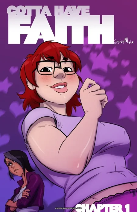 Mujer pelirroja con gafas blusa morada subida exhibiendo senos y vientre fondo morado con estrellas Gotta Have Faith #1