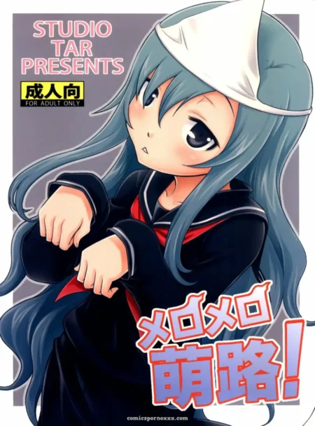 Chica cabello azul sombrero blanco uniforme negro rojo ajustando falda pechos expuestos mirada lujuriosa