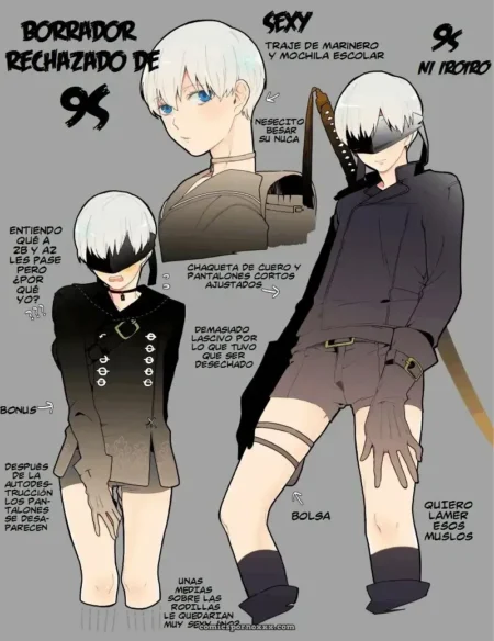 9S con chaqueta de cuero, short corto ajustado, choker y muslos expuestos, nuca y piel deseables para besos y lamidas intensas