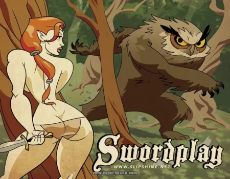 Elfa pelirroja desnuda con tetas firmes y culo apretado sostiene espada, búho humanoide con garras se acerca por detrás