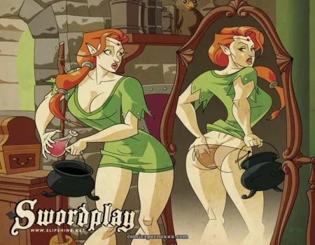 Elfa pelirroja de minivestido verde levanta falda en espejo mostrando nalgas desnudas vertiendo líquido rosa en caldero