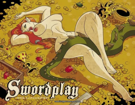 Elfa desnuda con tetas grandes y cola de dragón verde entre monedas de oro, joyas y espada, vulva y piernas abiertas.