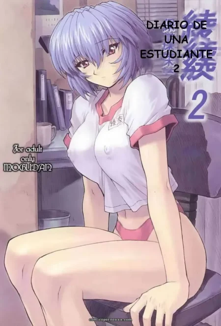 Ayanami cabello lila en uniforme escolar blanco desabrochado, piernas abiertas, mano en vulva, fondo con libros y taza