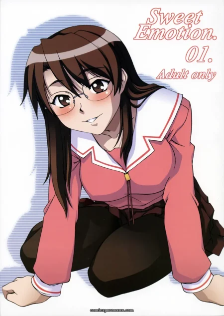 Mujer en uniforme escolar rosa con gafas, rodillas al suelo, falda levantada exhibiendo piernas y bragas mientras sonríe con mirada seductora.