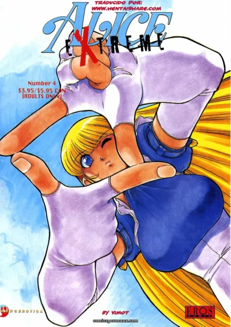 Alice tumbada con piernas abiertas y elevadas, falda azul levantada mostrando bragas azules en pose sexual explícita