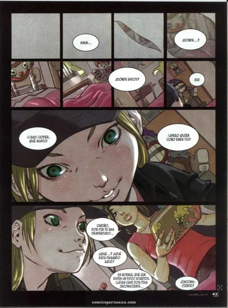 Mujer de ojos verdes y gorra negra en escena sexual explícita con sábanas rosadas y cuchillo en habitación oscura.