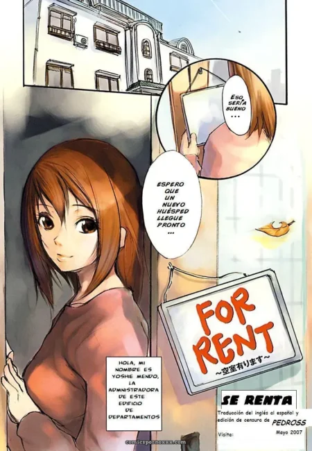 Mujer castaña con top de nylon ajustado, tetas grandes y caderas anchas sosteniendo cartel For Rent