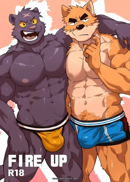 Dos furries musculosos púrpura con parche amarillo y naranja en bóxer azul abrazados exhiben cuerpos erectos y sexys R18
