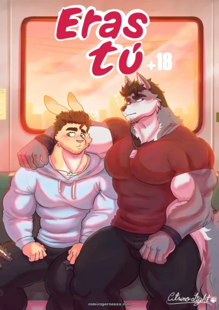 Lobo musculoso y hombre con orejas de conejo en tren, cuerpos apretados, ropa ajustada resaltando erecciones