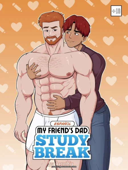 Padre de mi amigo barbudo y musculoso en bóxers blancos abrazado por pelirrojo, manos en pecho y cadera.