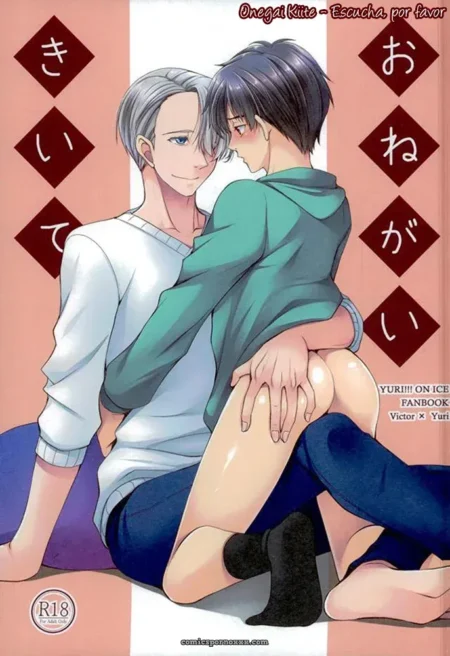 Victor abraza a Yuri por detrás con manos en muslos húmedos y erección visible bajo la ropa en portada fanbook R18