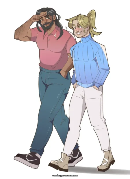 Hombre en polo rosa frota su pene erecto contra mujer en suéter azul y pantalones blancos mientras ella gime excitada