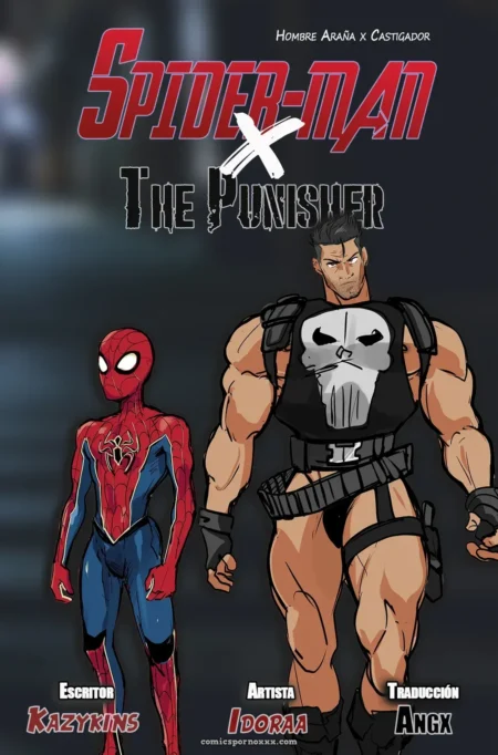 Punisher musculoso con calavera follando a Spider-Man en traje rojo y azul, penetración erecta intensa