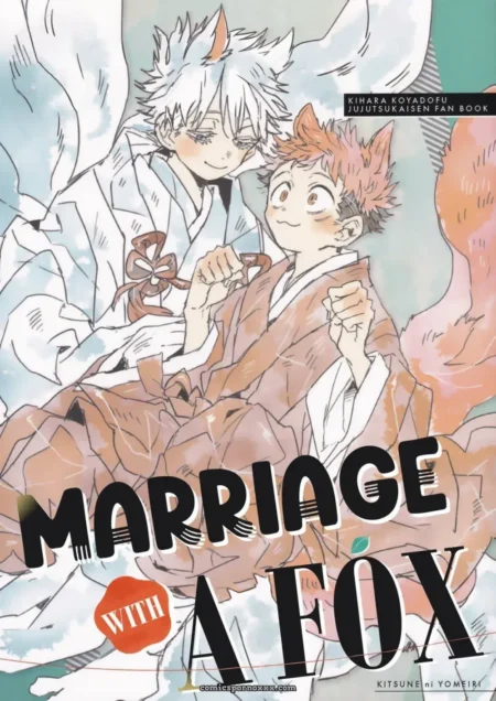 Kitsune de kimono blanco con orejas de zorro folla al novio en traje naranja, manos en su culo y polla erecta