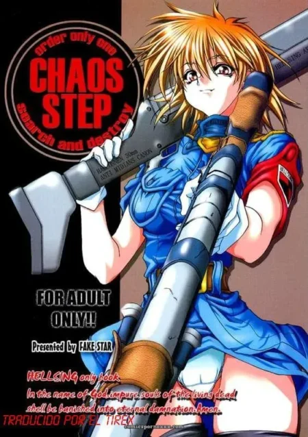 Mujer rubia en traje azul ajustado con pechos prominentes sujetando arma grande entre piernas abiertas