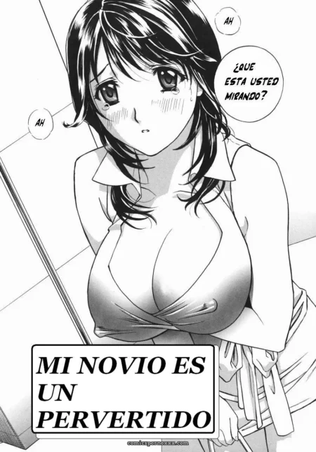 Mujer con tetas grandes en camisa ajustada ruborizada pregunta ¿Qué está usted mirando? Mi novio es un pervertido