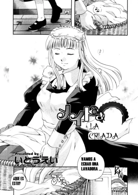 Criada en uniforme de doncella con falda levantada mostrando vulva masturbándose con lavadora mientras se moja