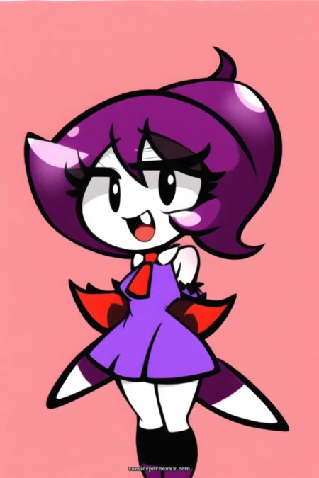 Personaje furry de pelo morado con vestido ajustado, piernas blancas, cola grande y labios rojos en pose sugerente sobre fondo rosa.