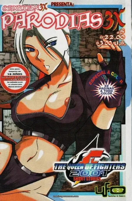 Mujer de Queen of Fighters MiniStories con top negro ajustado, escote profundo, pechos grandes y cintura marcada, fumando en cómic Parodias 3x.