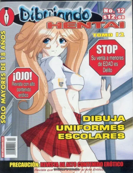Mujer con blusa ajustada y falda escolar roja corta, piernas expuestas en Dibujando Hentai Vol.12, arte erótico adultos