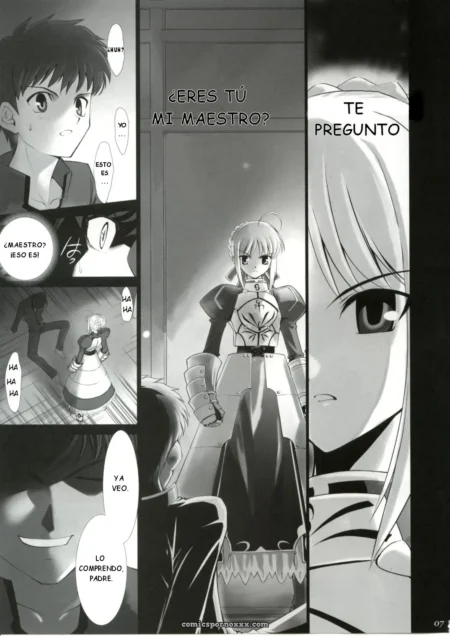 Maid con minifalda y senos al descubierto arrodillada, maestro pregunta si es su dueño, miembro erecto visible